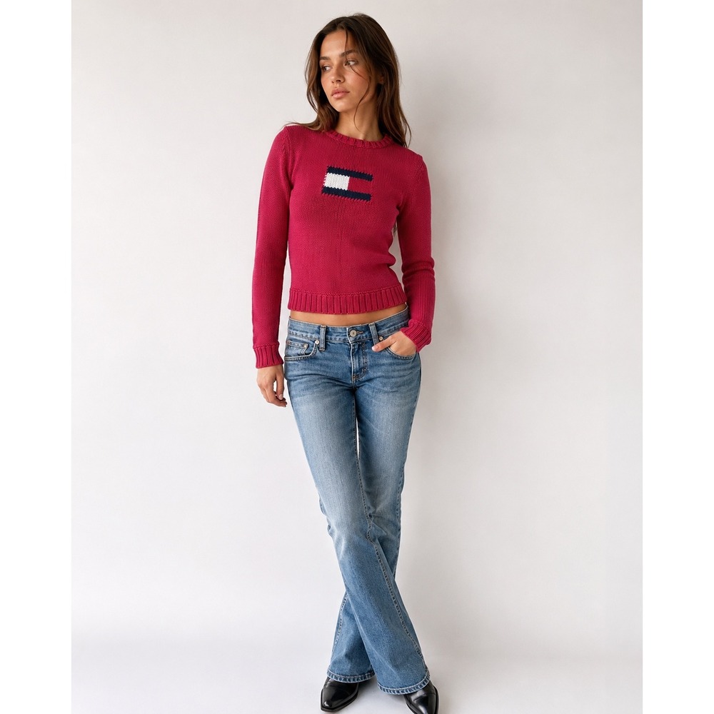 Tommy Hilfiger Sweater Women XS Pink Flag Logo Chunky Knit Cotton